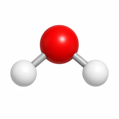 A water molecule model with one large atom joined to two smaller atoms.