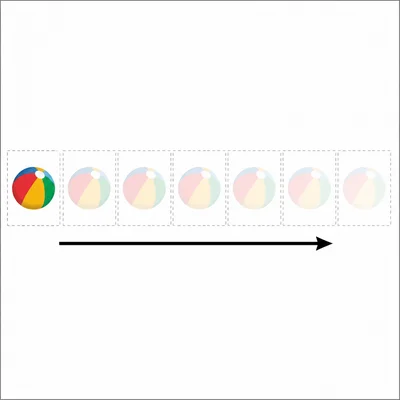 A ball shown moving step by step to the right with an arrow indicating motion.