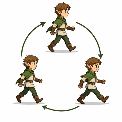 Three walking sprite poses repeat in a loop to show a walk cycle.
