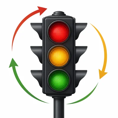 A traffic light shows red, yellow, and green states in a cycle.
