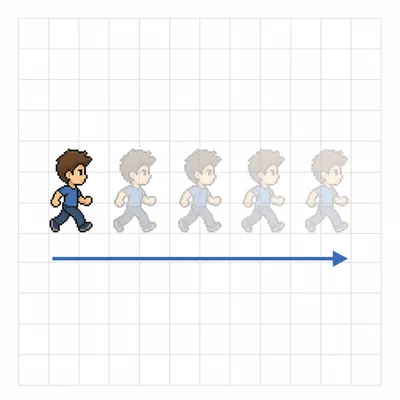 A sprite moves right across an unlabeled grid while staying at the same height.