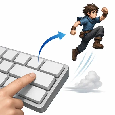 A pressed keyboard key triggers a game character to jump.