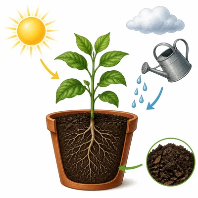 Sunlight, water, and soil affect a growing plant.