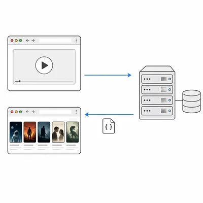 Diagram of a web page sending a request to an API server and receiving JSON movie data to display.
