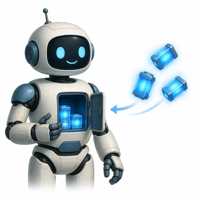 A friendly robot receiving glowing energy packets.