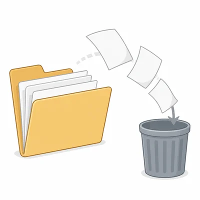 Files moving from a folder into a trash bin to show deletion.