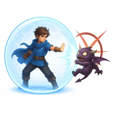 A shield protects a player sprite from an enemy collision.