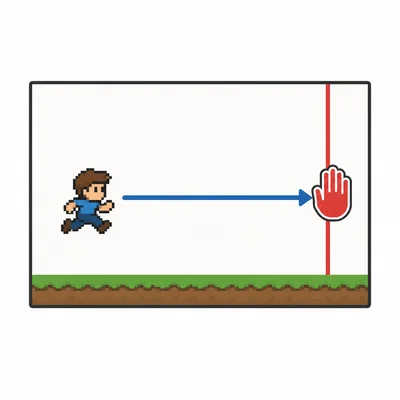 A sprite moving right stops at a boundary near the edge of the stage.