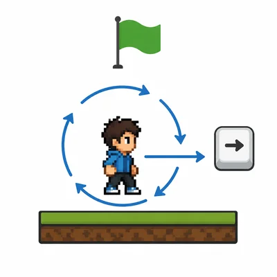 A green flag starts a sprite moving right while a loop continues.