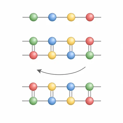 A short DNA strand is complemented and then reversed using colored beads and arrows.