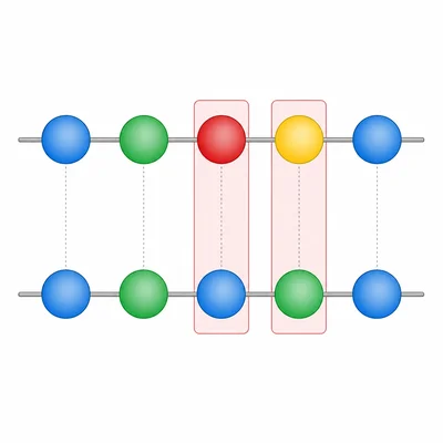 Two aligned DNA strings with matching positions and highlighted mismatches.