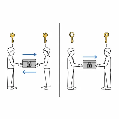 Diagram comparing shared-key encryption with two-key encryption using people, keys, arrows, and locked boxes.