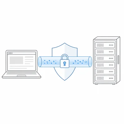 Laptop and server connected by a protected encrypted tunnel with a lock, representing HTTPS.