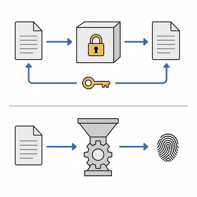 Diagram showing encryption as reversible with a key and hashing as a one-way transformation.