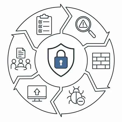Circular six-step cybersecurity incident response lifecycle with phase icons.