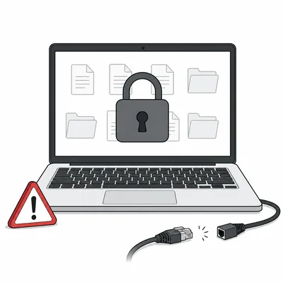 Laptop screen showing a lock symbol representing ransomware and locked files.