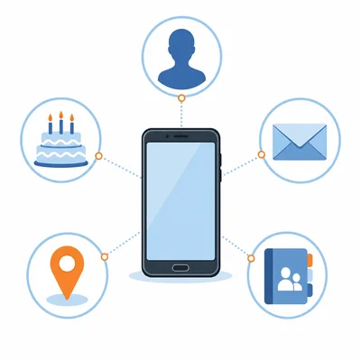 A smartphone surrounded by icons representing personal data such as profile, birthday, email, location, and contacts.