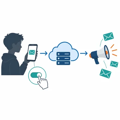 A data flow diagram showing an email moving from a user’s phone to a company server and then to promotional messages.