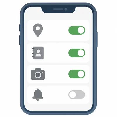 A phone privacy dashboard with icons for location, contacts, camera, and notifications shown as toggle settings.