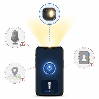 A flashlight app illustration showing the camera flash as relevant and microphone, location, and contacts as questionable permissions.