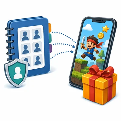 A game app offering a gift while contact information flows toward the app, suggesting a privacy concern.