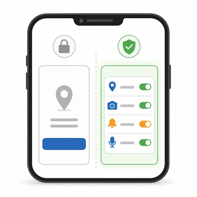 A phone permission screen showing one big button option and a settings option with individual toggles.