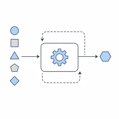Diagram of data entering a reusable function module and transformed output leaving it.