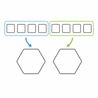 Eight bit tiles divided into two groups of four, each leading to a hexadecimal tile.