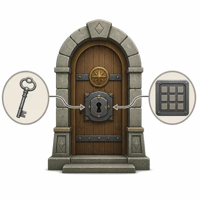 A locked game door connected to a key and a blank keypad.