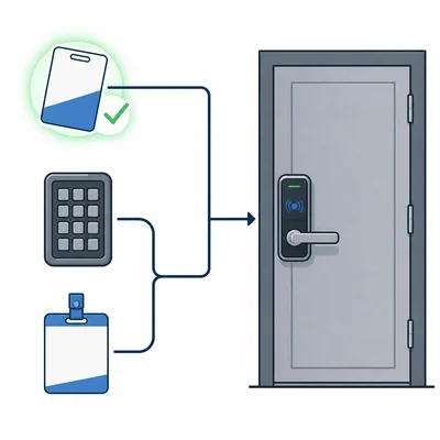 A security door connected to a key card and two alternative access items, a keypad and badge.