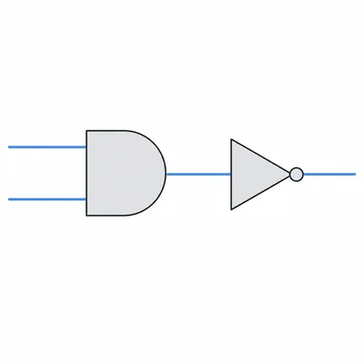 Two input wires feed an AND gate, whose output feeds a NOT gate.