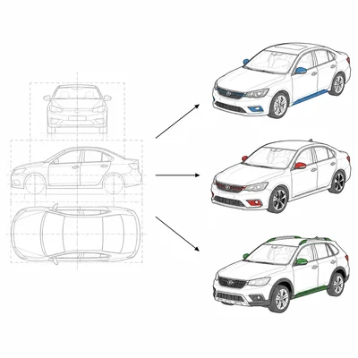 A generic car blueprint points to three different car objects.