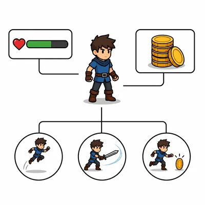A game character is shown with health, coins, and action icons.