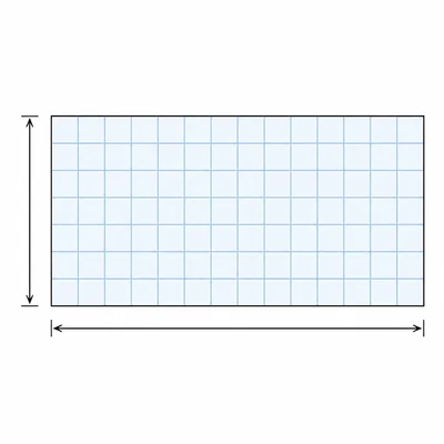 A gridded rectangle with width and height arrows shows an area model.