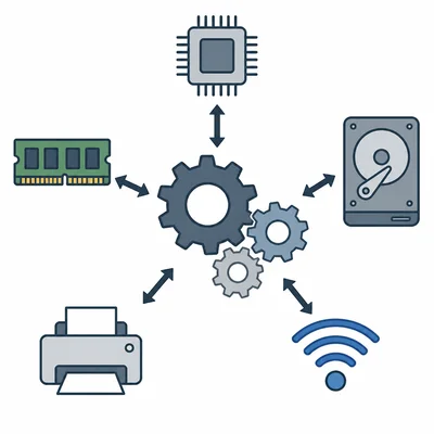 Operating system gears manage computer resources such as processor, memory, storage, printer, and network.