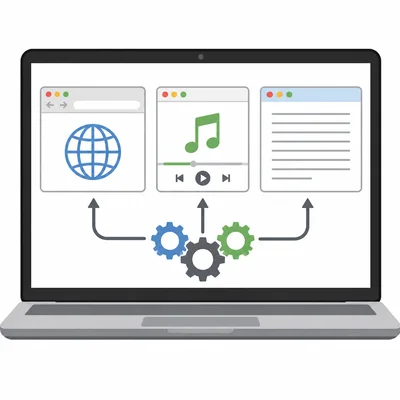 A laptop running three apps at once, with gears showing the operating system coordinating them.