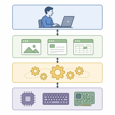 Four stacked layers showing user, applications, operating system, and hardware.