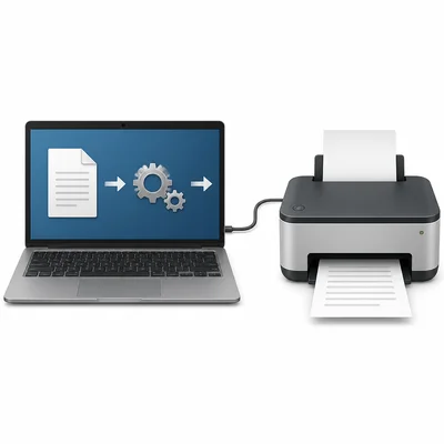 A laptop sends a print job through operating system gears to a printer.