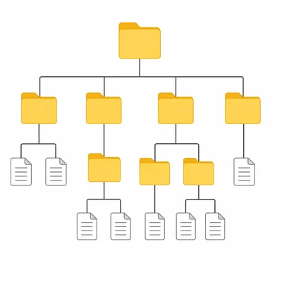 A branching computer file tree with folders and document icons.