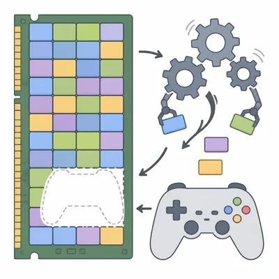 Operating system gears rearrange memory blocks so a game can use more memory.
