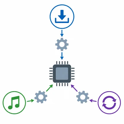 An operating system schedules several tasks for a central processor chip.