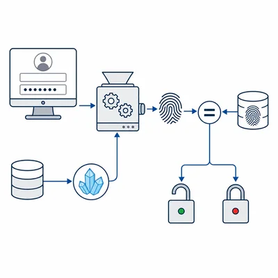 Secure login flow: receive password, hash with salt, compare hashes, then allow or deny access.