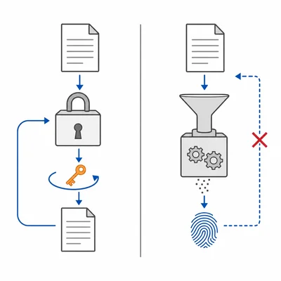 Encryption is reversible with a key, while hashing is one-way.