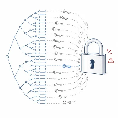 Many possible keys are tried against a lock in a brute-force attack.