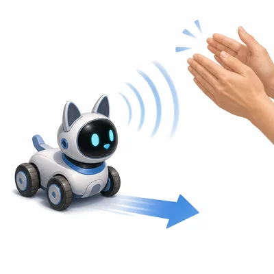 A robot pet hears a clap and rolls toward the sound.