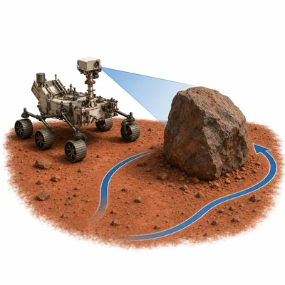 A Mars rover plans a path around a large rock.