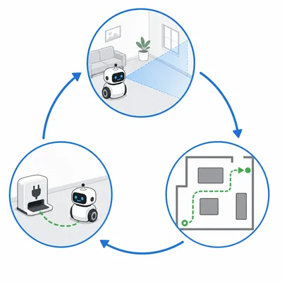 A robot scans, chooses a safe path, and drives to a charger.