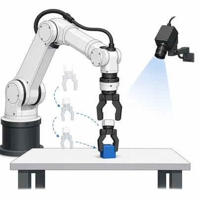 A robot arm uses a camera to find and grab a blue block.