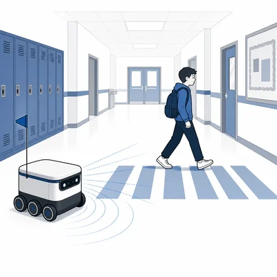 A school robot stops at a hallway crosswalk for a student.