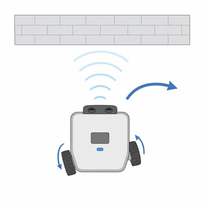 A robot senses a nearby wall and turns right.